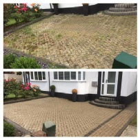 Two joined images of block paved area, one before and the second after being jet washed cleaned