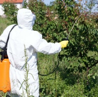 Man in protective body suit spraying insectisides